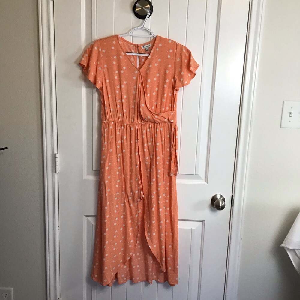 Love Fire Peach Orange Floral Print Wrap-Style Midi Romper Dress Large